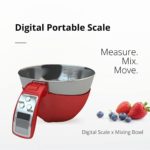 Fradel Digital Kitchen Food Scale with Bowl (Removable) and Measuring Cup – Stainless Steel, Backlight, 11lbs Capacity – Cooking, Baking, Gym, Diet – Precise Measuring (Red)
