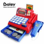 Boley Toy Cash Register with Scanner – Red and Blue Toddler Cash Register Toy for Kids with Real Calculator, Play Money, Credit Card Reader
