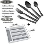 LIANYU 40-Piece Black Silverware Set with Tray, Stainless Steel Square Flatware Cutlery Set for 8, Black Eating Utensils for Home Restaurant, Dishwasher Safe, Mirror Finished