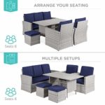 Best Choice Products 7-Seater Conversation Wicker Sofa Dining Table, Outdoor Patio Furniture Set w/Modular 6 Pieces, Cushions, Protective Cover Included – Gray/Navy