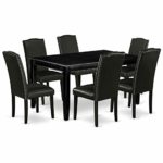 East West Furniture 7-Pc Small Dining Table Set – Black PU Leather Upholstered Dining Chairs – Black Finish 4 legs Solid Wood Rectangular Wood Dining Table and Structure