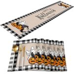 Halloween Table Runner with Placemats Set of 6 – Halloween Pumpkin Cat Ghost Black Buffalo Check 13 x 90 Inch Table Runner Set Cotton Linen Table Mats for Dining Table Kitchen Decoration