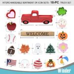 Winder Red Truck Decor Home Welcome Sign 2-Side Wood Block Seasonal Cutout Set Tabletop with Interchangeable 16-PC Icons for Spring 4th of July Halloween Christmas for Farmhouse Fireplace Mantel Decor