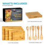 SMIRLY Wood Cutting Boards for Kitchen – Bamboo Cutting Board Set, Chopping Board Set – Wood Cutting Board Set with Holder – Wooden Cutting Board Set (Large & Small) Wooden Cutting Boards for Kitchen