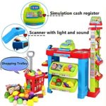 deAO SPM-2 Kids Supermarket Stall Toy Shopping Trolley and Over 30 Play Food Accessories Included