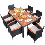 Flamaker 7 PCS Outdoor Patio Dining Set, Outdoor Patio Furniture Set, Rattan Chairs with Wood Table for Garden and Yard