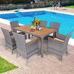 Tangkula 7 Pieces Outdoor Dining Furniture Set, Patio Rattan Conversation Set with Spacious Acacia Wood Table, 6 Chairs with Widened Armrests, Non-slip Foot Pads, Suitable for Backyard Poolside (Grey)