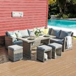 JOIVI Patio Furniture Set, 7 Piece Patio Dining Sofa Set, Outdoor Sectional Sofa Conversation Set All Weather Wicker Rattan Couch Dining Table & Chair with Ottoman, Gray