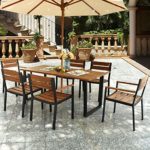 HAPPYGRILL 7 Piece Patio Dining Set Outdoor Dining Furniture with 6 Armchair Heavy Duty Steel Frame Acacia Wood Table Top Umbrella Hole Patio Furniture Set for Backyard Garden Poolside