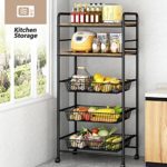 LINZINAR Kitchen Island Serving Cart with MDF Top 5-Tier Rolling Utility Storage Cart with 3 Basket Drawers Universal Lockable Casters for Kitchen Bathroom Closet Black (Black, 5 Tier-3 Drawer)