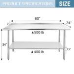 Hally Sinks & Tables H Stainless Steel Table for Prep & Work 24 x 60 Inches, NSF Commercial Heavy Duty Table with Undershelf and Backsplash for Restaurant, Home and Hotel