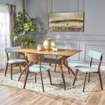 Christopher Knight Home Nissie Mid-Century Wood Dining Set with Fabric Chairs, 5-Pcs Set, Natural Walnut Finish / Mint