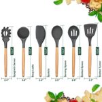 Kitchen Utensils Set of 6, E-far Silicone Cooking Utensils with Wooden Handle, Non-stick Cookware Friendly & Heat Resistant, Includes Spatula/Ladle/Slotted Turner/Serving Spoon/Spaghetti Server(Gray)