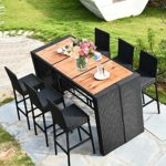 Tangkula 7 PCS Outdoor Dining Set, Patio Wicker Furniture Set with Acacia Wood Bar Table Top and Removable Cushion, Conversation Set for Patios, Backyards, Porches, Gardens and Poolside (Black)