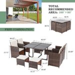 Shintenchi 9 Piece Patio Dining Set, Small Outdoor Furniture Space Saving Wicker Dining sectional Conversation Set w/Glass Table and Cushioned Stackable Armrest Chairs for Lawn Deck Yard (Beige)