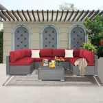 SOLAURA 7-Piece Outdoor Furniture Set, Gray Wicker Patio Furniture Modular Sectional Sofa Patio Conversation Set Zipper & Coffee Table – Dark Red