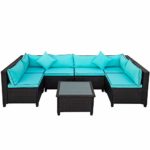 Merax 7 Pieces Patio Sofa and Chair, Outdoor PE Rattan Sectional Furniture Wicker Conversation-Sets with Cushions and Tea Table, Blue
