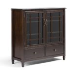 SIMPLIHOME Connaught SOLID WOOD 46 inch Wide Traditional Tall Storage Cabinet in Dark Chestnut Brown, with 2 Tempered Glass Doors that open to a Cabinet with 4 Adjustable Shelves an two Deep Drawers
