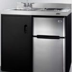 Summit Appliance C39ELGLASSBK 39″ Wide All-in-One Kitchenette in Black with a 2-Burner 115V Smooth-Top Cooktop, 2-Door Refrigerator-Freezer, Sink, and Large Storage Cabinet