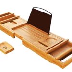 CINEYO Luxury Bamboo Bathtub Caddy Tray – Expandable Bath Table Over Tub with Wine Glass Book and Phone Holder and Free Soap Dish