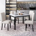 Merax 5 Piece Kitchen Table Set Wood Dining Table Set Rectangle Paper Marbling Table with 4 Upholstered Dining Chairs for Kitchen Apartment