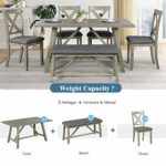 Merax 6-Piece Rustic Style Rectangular Wooden Dining Table Set with 4 Chairs and Padded Bench, Gray(New)