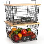 2 Set Kitchen Counter Basket with Bamboo Top – Pantry Cabinet Organization and Storage Wire Basket – Countertop Organizer for Produce, Fruit, Vegetable ( Onion, Potato ), Bread, K-Cup Coffee Pods