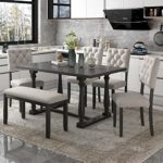 Merax 6 Piece Kitchen Dining Table Set, Wooden Rectangular Dining Table with Upholstered Bench and 4 Chairs, Dining Room Table Set for 6 People, Living Room Furniture (Gray, Cushions)