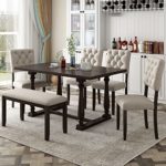 6 Piece Kitchen Dining Table Set, Wooden Rectangular Dining Table with Upholstered Bench and 4 Upholstered Chairs, Dining Room Set for 6 People, Living Room Furniture (Espresso, Cushions)