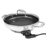 Electric Skillet By Cucina Pro – 18/10 Stainless Steel, Frying Pan with Non Stick Interior, with Glass Lid, 12″ Round, Temperature Control Probe for Adjustable Heat Settings