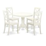 East-West Furniture Dinette Set- 4 Fantastic Wood Dining Chairs – A Lovely Round Wooden Table- Wooden Seat and Linen White Pedestal Dining Table