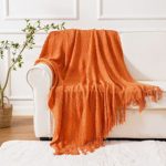 BATTILO HOME Burnt Orange Throw Blanket for Couch, Decorative Knitted Spring Blankets with Tassels – Soft Lightweight Textured Solid Fall Decor Throw, 50″x60″