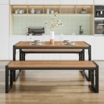 SHA CERLIN 3-Piece Dining Table Set with 2 Benches, Rustic Kitchen Table Set for 4-6, Space-Saving Dinette, Sturdy Structure, Easy Assemble, Walnut + Black