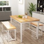 AWQM Dining Table Set with Two Benches, Kitchen Table Set for 4-6 Persons, Kitchen Table of 47.2 x 28.7 x 28.7 Inches, Bench of 41.3 x 11.8 x 17.7 Inches Each, Oak