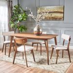 Christopher Knight Home Alma Mid-Century Wood Dining Set with Fabric Chairs, 5-Pcs Set, Natural Walnut / Light Beige
