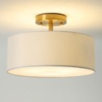 15 Inch Drum Light, Semi-Flush Mount Ceiling Light Fixture White Fabric Drum Shade and Gold Plating Finish,Ceiling lamp for Bedroom, Dining Room, Corridor, Living Room