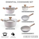 Country Kitchen Nonstick Cookware Sets – 5 Piece High Quality Nonstick Cast Aluminum Pots and Pans with BAKELITE Handles – Non-Toxic Pots and Pans- Speckled Cream with Light Wood Handles