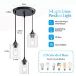 SKEJAO 3-Light Pendant Lighting,3 Pendant Light Fixture for Kitchen Island,Dining Lamp Ceiling Hanging,with Adjustable Cord and Glass Shade for Farmhouse Living Dining Room Bar,Black