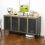 Accent Cabinet, Sideboard Buffet Cabinet Kitchen Storage Cabinet Console Televison Table with 4 Iron Rattan No Handle Pop-up Doors and Adjustable Shelves for Living Room, Dining Room (Black Gold)