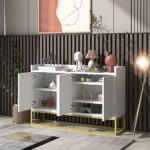 RUNNA Modern Sideboard Elegant Buffet Cabinet with 4 Doors Storage Cupboard and Display Shelves, Buffet Server Console Table Floor Cabinet with Gold Metal Base for Dining Room/Entryway (White)
