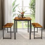 AWQM Dining Table Set with Two Benches, Kitchen Table Set for 4-6 Persons, Kitchen Table of 43.4 x 23.7 x 28.6 Inches, Bench of 38.6 x 11.9 x 17.6 Inches Each, Rustic Brown and Black