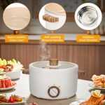 KINBEDY Electric Hot Pot with Steamer Upgraded, Non-Stick Sauté Pan, Small Electric Skillet, Ramen Cooker, 1.5L Mini Pot for Steak, Egg, Fried Rice, Oatmeal, Soup with Power Adjustment White