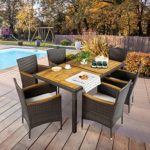 VINGLI 7 PCS Patio Dining Set, Wicker Patio Furniture Set with Acacia Wood Table Outdoor Dining Set for 6 Patio Dining Table for Garden and Yard