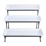 Gibson Home Gracious Dining Dinnerware, 3-Tier Rectangle Plate Set with Metal Stand, White