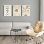 Bohemian Wall Art Sun Prints – Mid Century Boho Canvas Pictures Framed 12×16 Inches Silver And Light-Gold Posters for Home Decoration Abstract Moon Phase Artwork for Bedroom Bathroom Living Room Decor