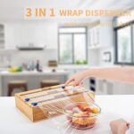 3 in 1 Wrap Dispenser with Cutter and Labels, Bamboo Roll Organization Storage Holder, Aluminum Foil?Plastic Wrap?Parchment and Wax Paper Dispenser for Kitchen Drawer?Fits 12″ Roll