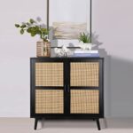 Sideboard Buffet Cabinet with Rattan Doors, Accent Storage Cabinet, Black Rattan Mid Century Modern Dresser Cupboard Console Table Wood Bar Cabinet for Living Room Kitchen Pantry Dining Room Entryway