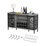 QNICE Industrial Wine Bar Cabinet / 55″ Sliding Barn Door Liquor Coffee Cabinet/Farmhouse Buffet Sideboard Cabinet with Wine Rack/Dark Rustic Oak/Easy Assembly
