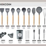 33 PCS Silicone Cooking Utensils Set, Kikcoin Wood Handle Kitchen Utensils Set with Holder, Spatulas Silicone Heat Resistant Cooking Gadgets for Nonstick Cookware, Grey