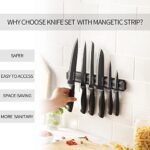 Gourmetop Kitchen Knife Set with No Drilling Magnetic Strip, Knives Set for Kitchen Black Titanium Cooking Knives, Sharp Stainless Steel Chef Knife Set for Cutting Meat & Vegetable, Kitchen Essentials